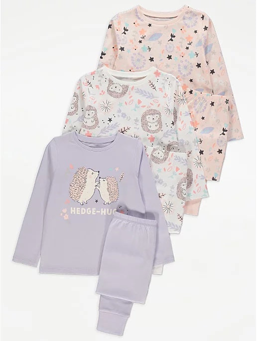 George Assorted Hedgehog Print Long Sleeve Pyjamas 3 Pack