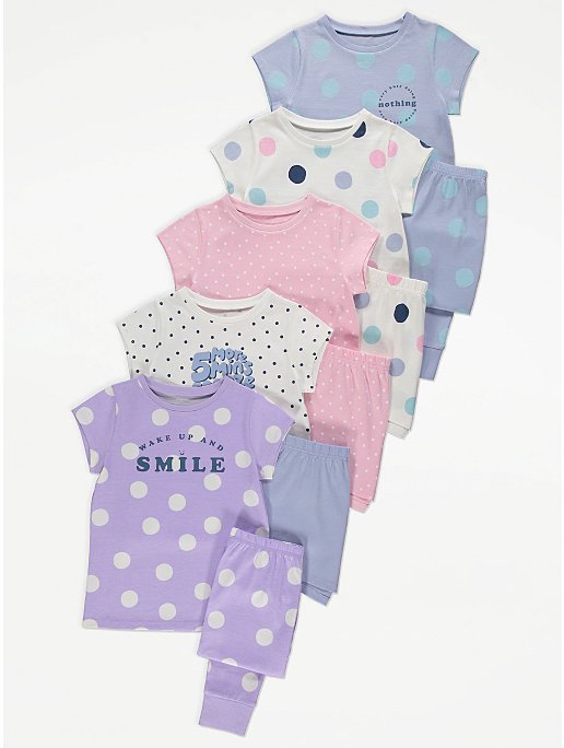 George - Polka Dot Slogan Print Short Pyjamas 5 Pack